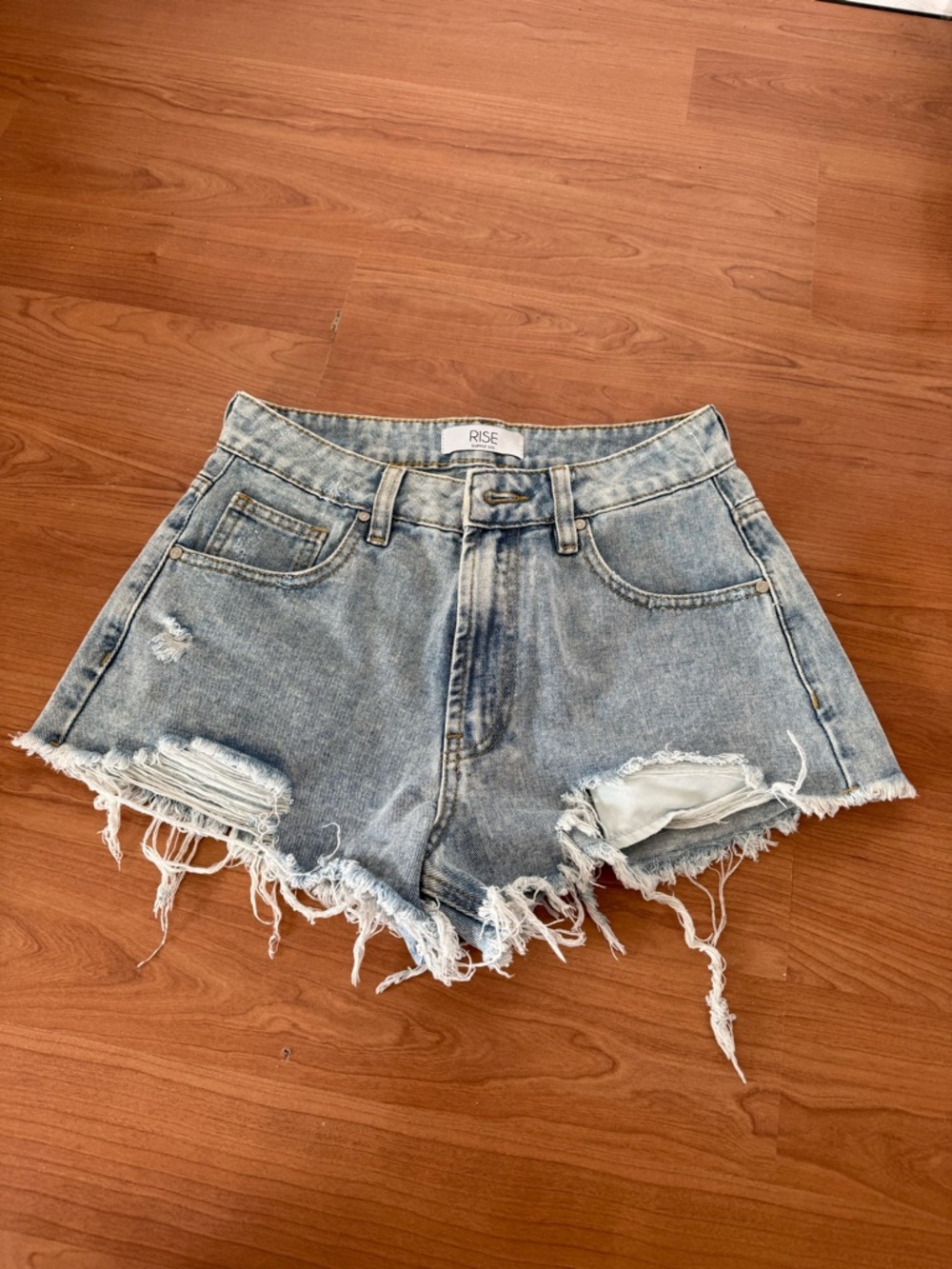Rise Light Blue Distressed High-Waist Denim Shorts